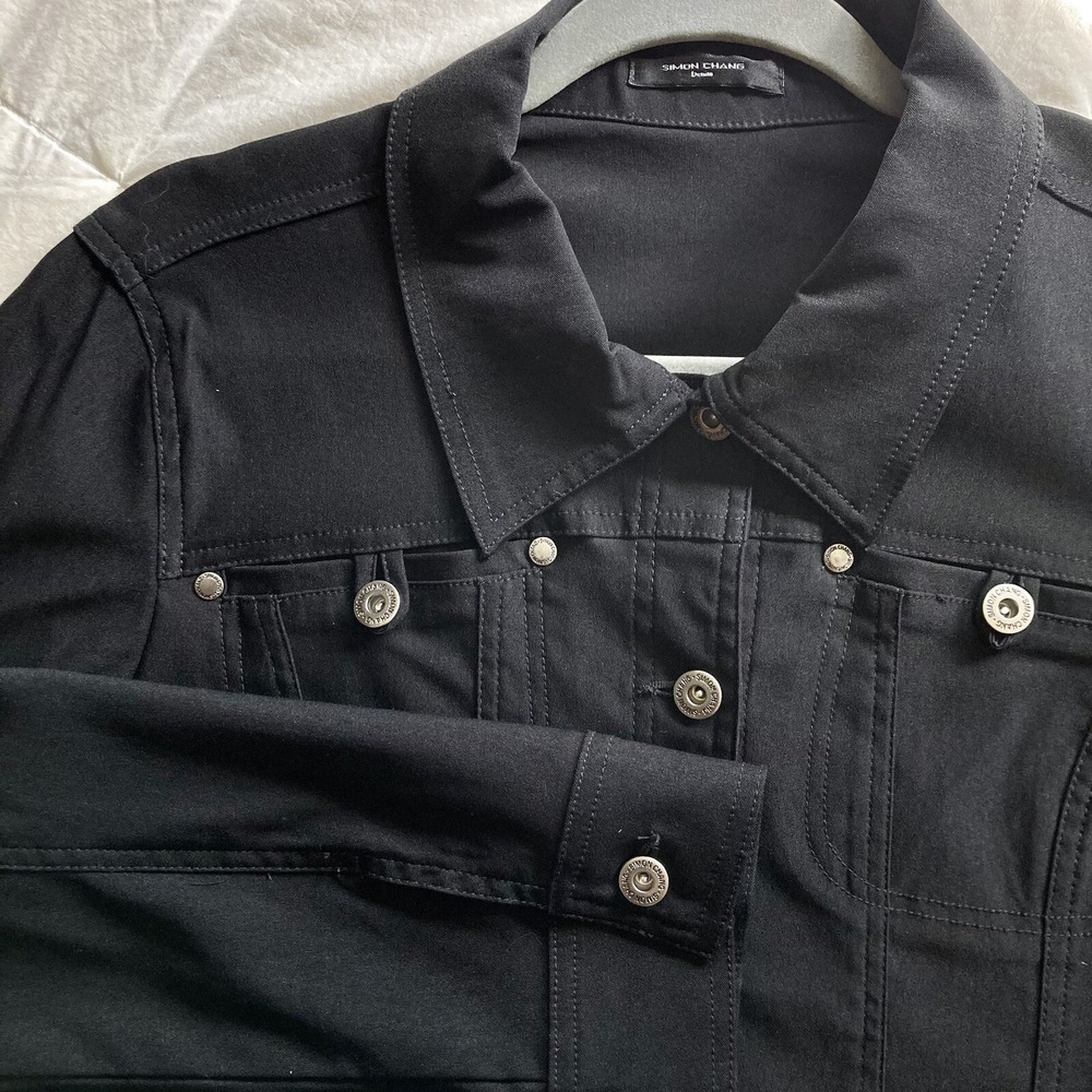 Simon Chang Women's 14 Button-up Jacket Black Stretch Rayon/Nylon Classic EUC